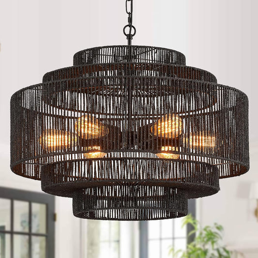 Large Chandelier 25.6in Hand-Woven Rattan Chandeliers Boho 6-Light Chandelier Vintage Black Farmhouse Chandeliers Wicker Coastal Bamboo Chandelie