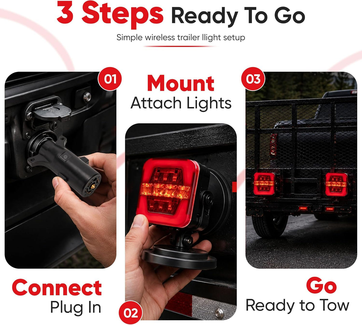 Wireless Magnetic Trailer Lights, Rechargeable USB-C Tow Light Kit 2 Mounting Options | 30s Magnetic Mount | 100ft Stable Range | USB-C 9H Runtime | IP67 Waterproof | 5 Light Functions