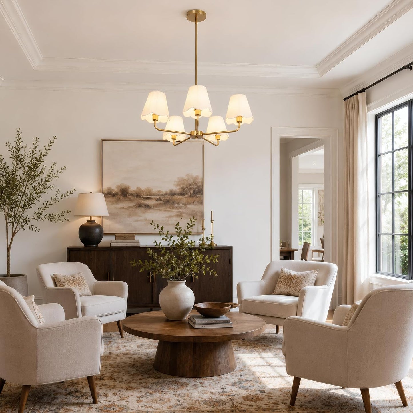 Fandian Brass Gold Chandeliers for Dining Room, 5 Light Antique Modern Chandelier Light Fixture with White Fabric Shade, Classic Kitchen Pendant Lights Over Table for Living Room Bedroom Foyer