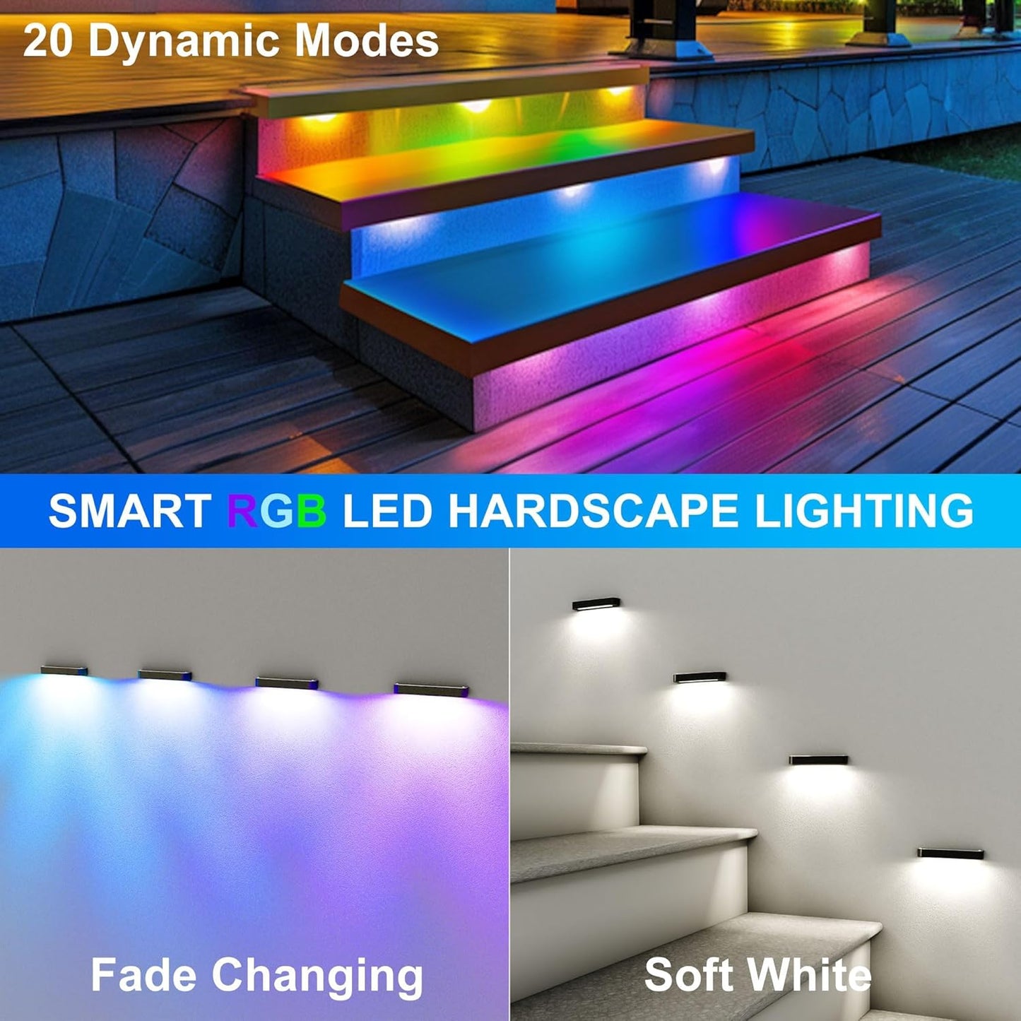 8PCS 7 inch RGB LED Hardscape Lighting, Retaining Wall Lights RGB Color Changing & Warm White, Low Voltage LED Landscape Lights Paver Lights