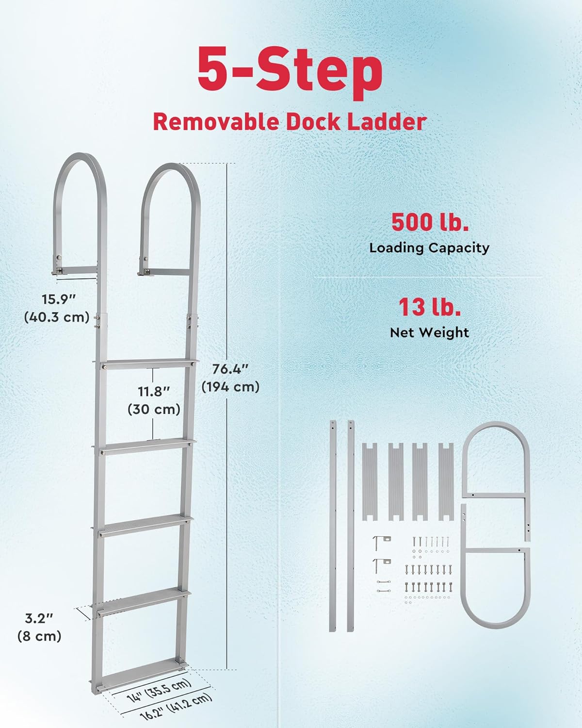 5 Step Removable Dock Ladder, Pontoon Boat Ladder with 500lb Load, Aluminum Swim Ladder with Wide Step & Nonslip Tread, Quick Release Dock Stair for