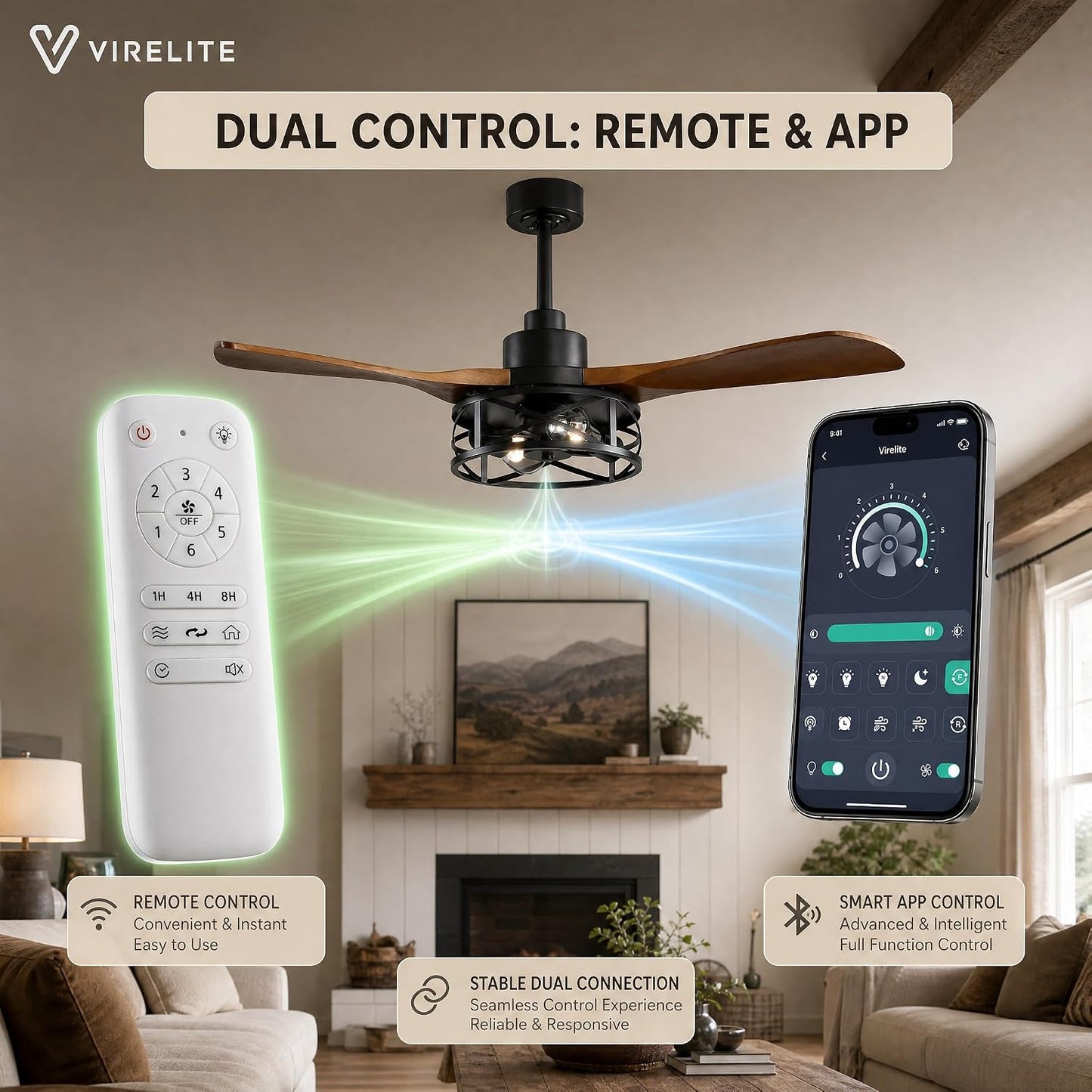 42 Inch Modern Farmhouse Ceiling Fan with Light, 3 Walnut Blade Industrial Cage Light, Quiet DC Motor, App & Remote, 4"+8" Downrods, Hard‑wired Indoor Fan for Bedroom & Living Room