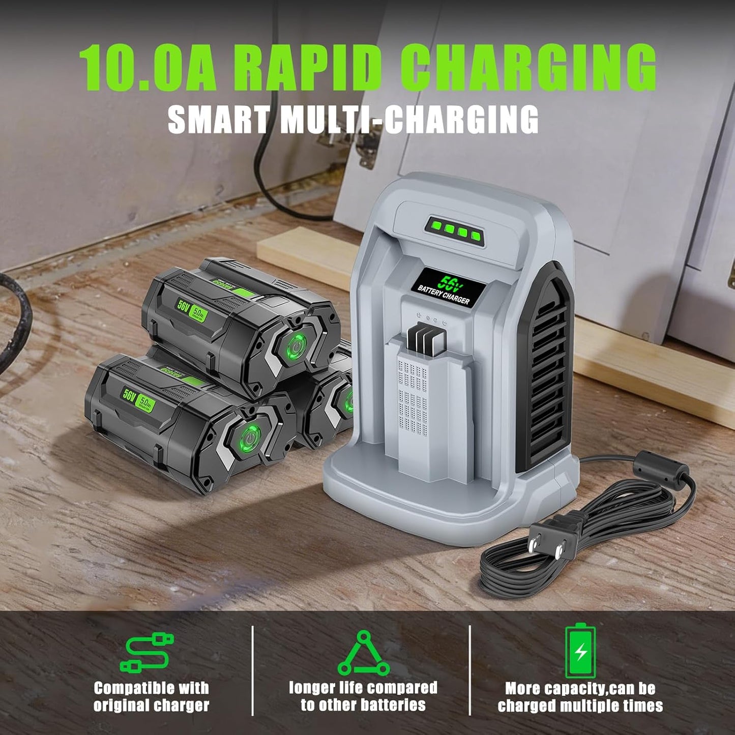 10.0A Replacement Rapid Charger for EGO 56V Battery Charger CH2100 CH3200 CH5500 CH2800D, Compatible with EGO Power+ 56V ARC Lithium Batteries BA1400T BA2242T BA2800T BA3360T