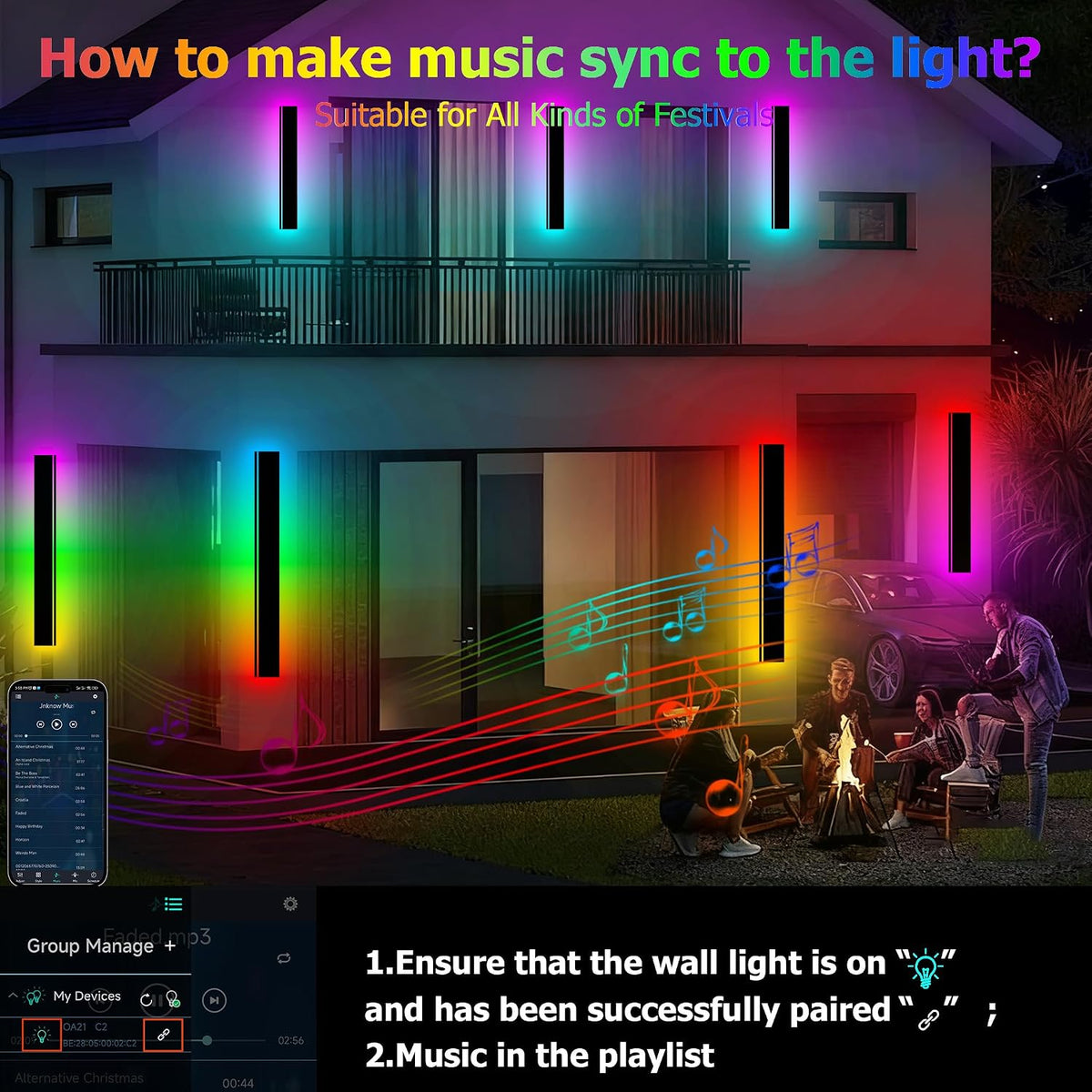 RGB Outdoor Wall Light with Remote & App Control,Bluetooth RGB (Red, Green, Blue) 2pc-47*4.33in-RGB