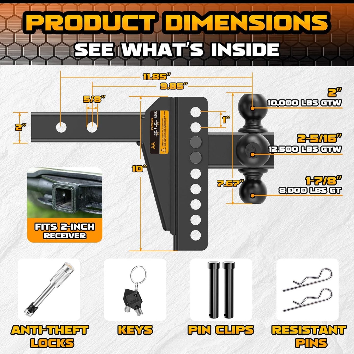 Adjustable Trailer Hitch - Drop Hitch Fit 2" Receiver -8" Drop/Rise | Tri Ball Mount with Hook (1-7/8'', 2'' & 2-5/16''), 12,500 LBS GTW Tow Hitch, 3 Ball Hitches for Trucks, RVs, Camper, SUV etc