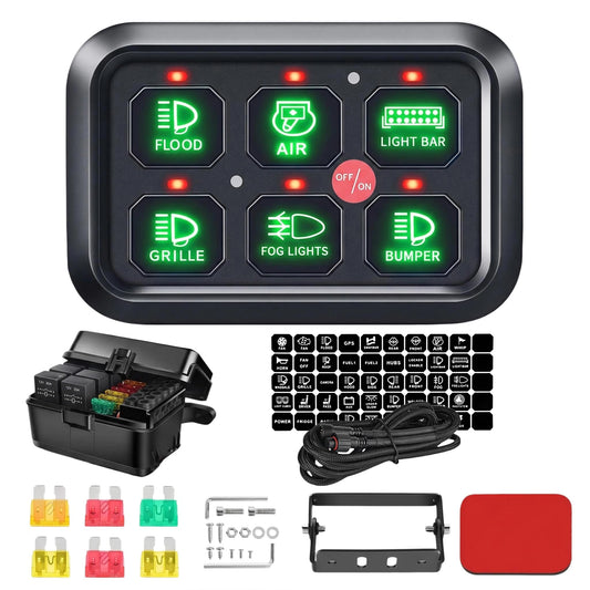 6 Gang Switch Panel 12V, Auto Dimmable for Truck SUV RV UTV | RGB 3-Color Backlight, Over-Current Protection, ABS Aluminum, 60A 720W Relay Box, Fits Cars Pickups Off-Road Trailers