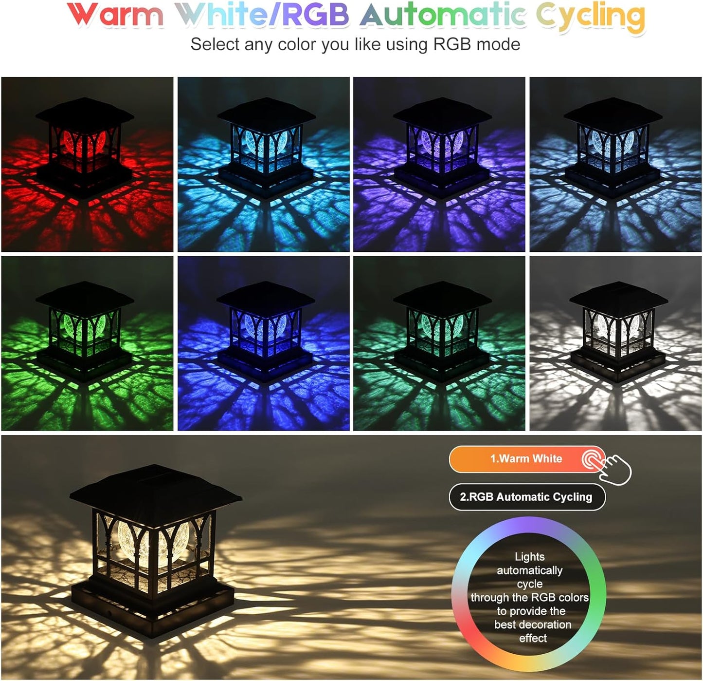 Fence Post Solar Lights, Crackle Glass Solar Post Cap Lights, 20 Lumens, Warm White & RGB Automatic Cycling 2