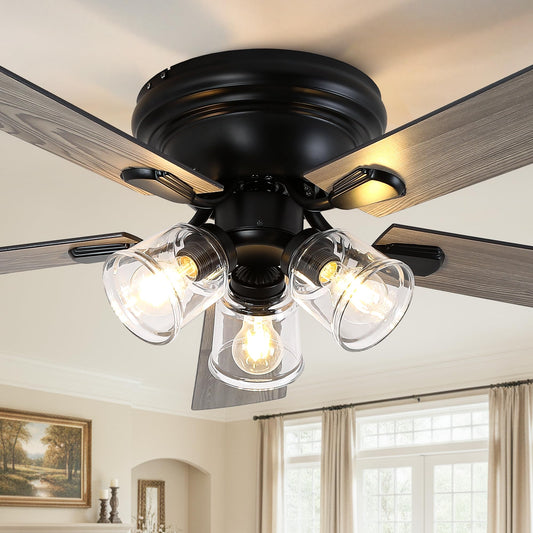 52 Inch Flush Mount Farmhouse Ceiling Fan with Lights and Remote | Rustic Fandelier Ceiling Fan, Low Profile Chandelier, 5 Dual Blade, for Bedroom Living Room, Reversible DC Motor 6 Speeds Vintage-V2
