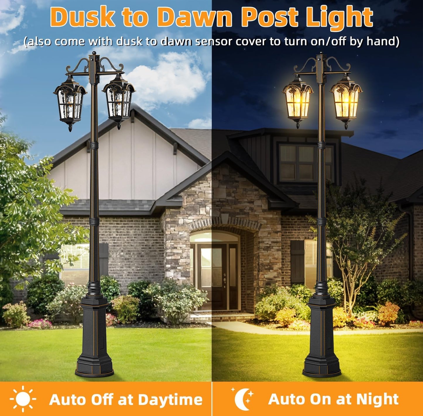 Outdoor Lamp Post Light with GFCI Outlet, Dusk to Dawn Black Outside Pole Lights, Double Head Exterior Street Lighting Fixture for Backyard Driveway