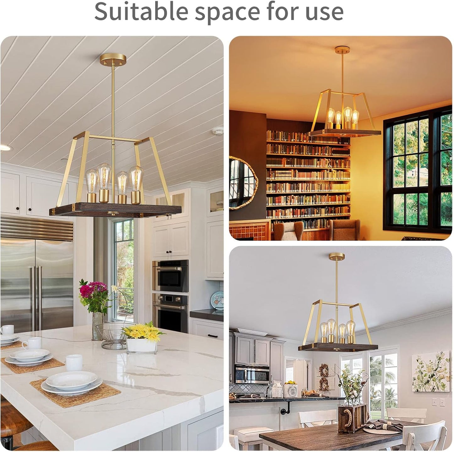 ANJIADENGSHI Painted Wood Color Golden Metal Finish Farmhouse Kitchen Island Pendant Lighting LED Fixture Dining Room Livingroom (Bulbs Not Included)