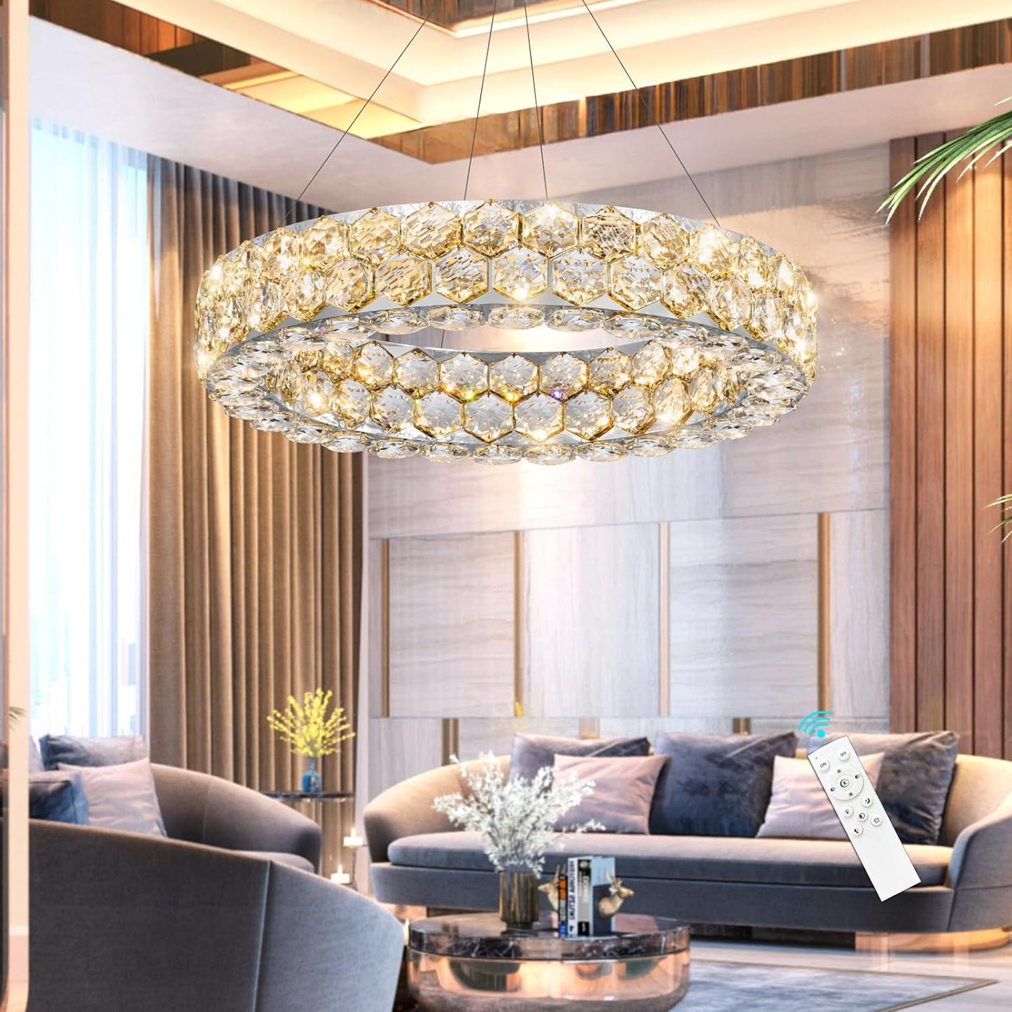 Modern Dimmable Crystal Chandelier for High Ceilings with Remote Control, Flush Mount