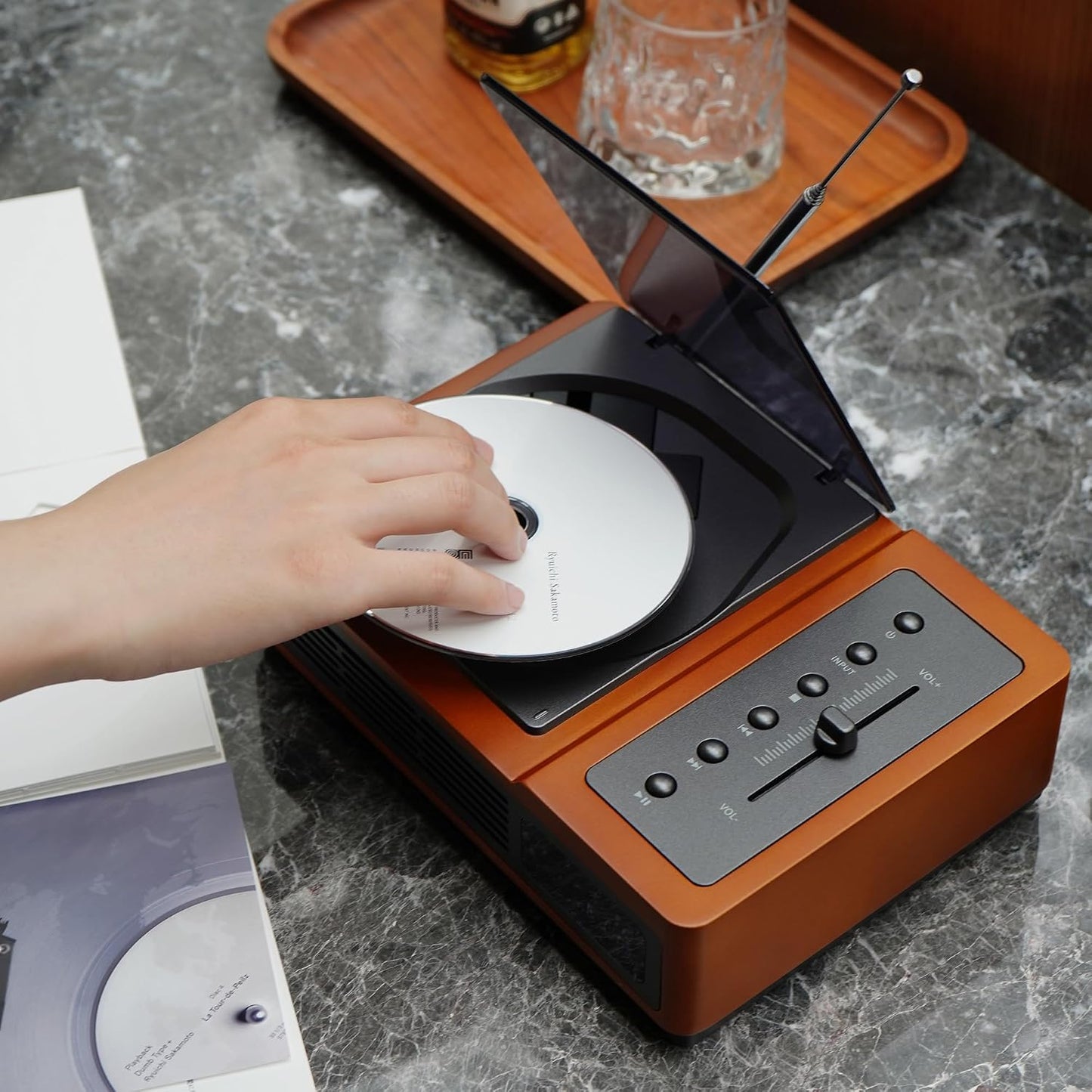 R02 Retro CD Player with FM Radio, Bluetooth 5.3 Transmitter & Receiver, Dual Stereo Speakers, Rechargeable Battery, USB/SD Playback, Home Audio System, Brown