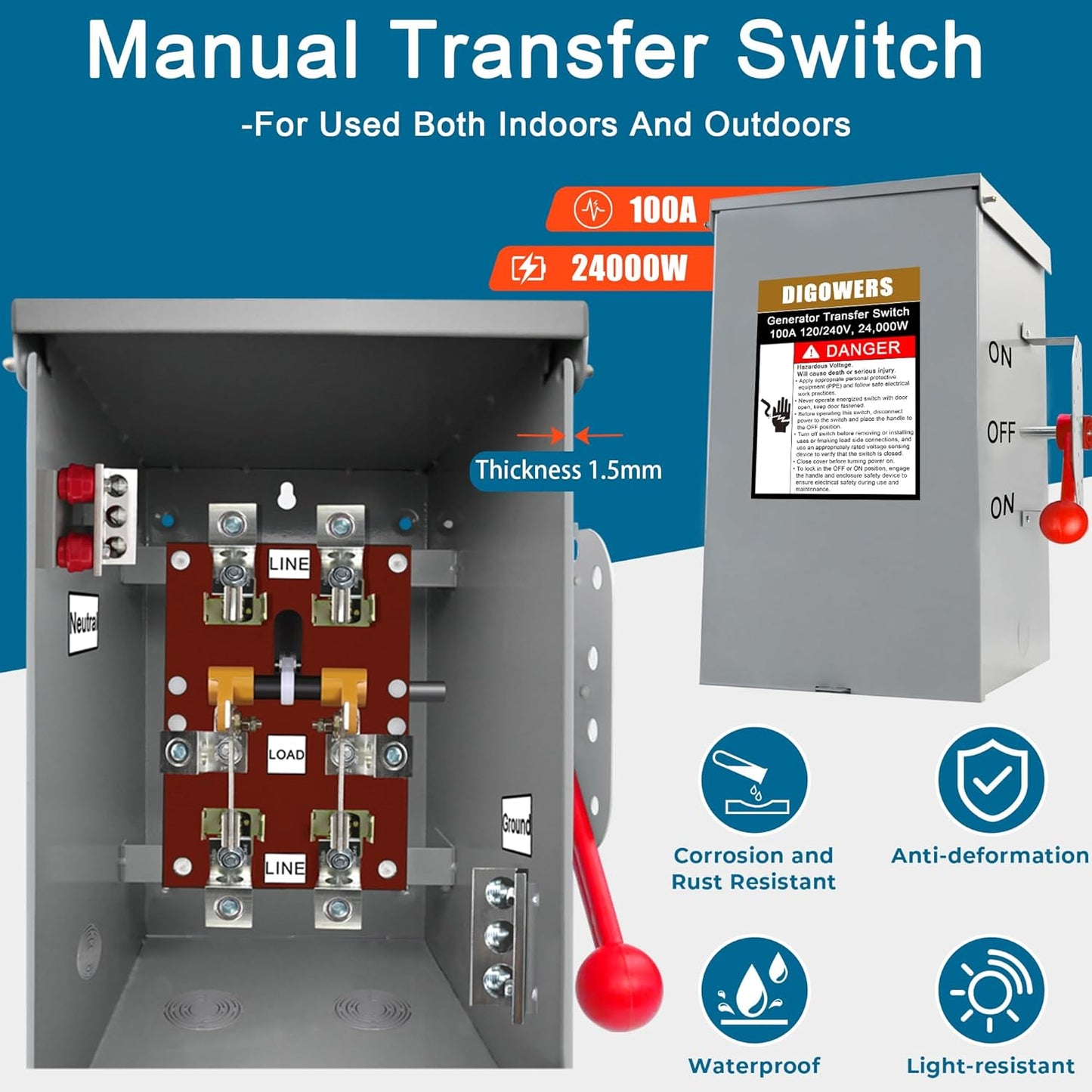 28.44 lb General-Duty Double-Throw Heavy Duty Safety Switches,240 Volt AC 4 Wire 2 Pole Generator Transfer Switch 100 Amp,24KW Manual Transfer Switch