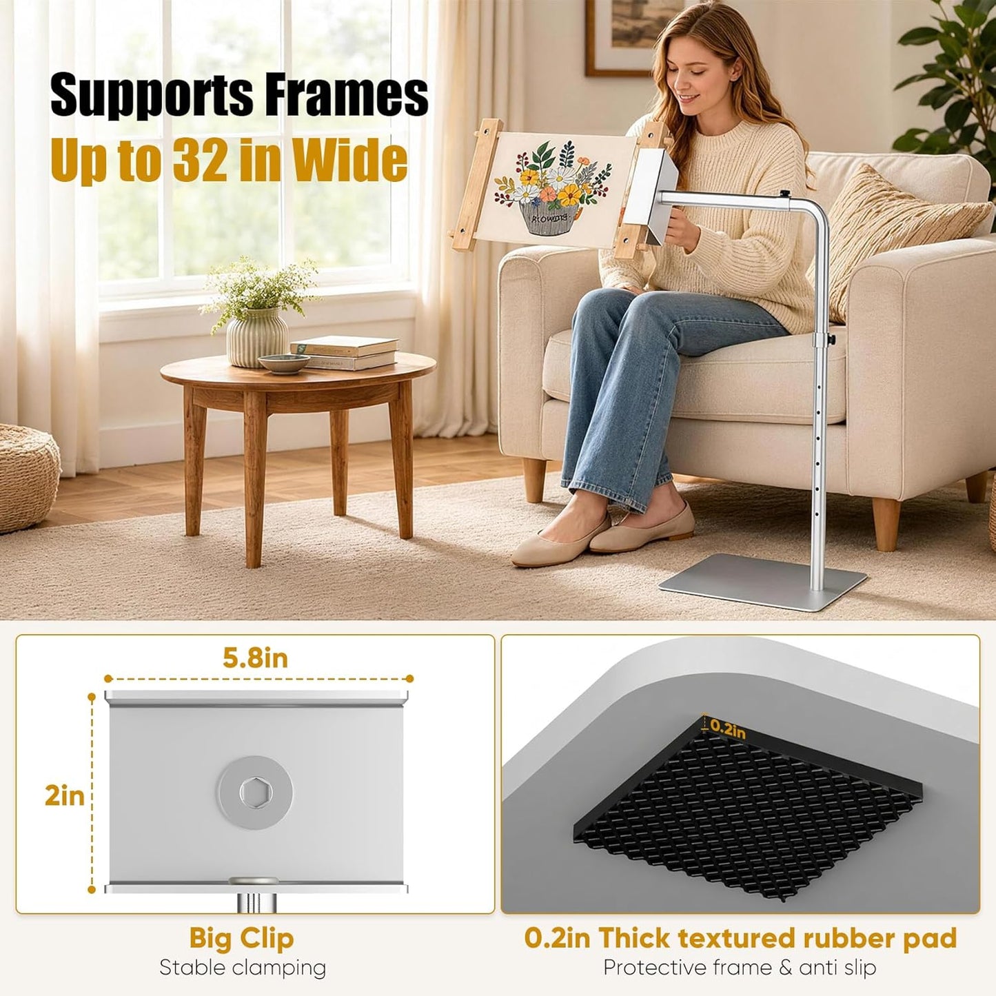 Heavy Duty Needlepoint Floor Stand with Side Clamp – 360° Rotating & Height Adjustable Workstand for Lowery, Cross Stitch Embroidery Stand Fits Q-Snap Frames & Scroll Rods up to 32" Wide, Extra-Large Stable Base