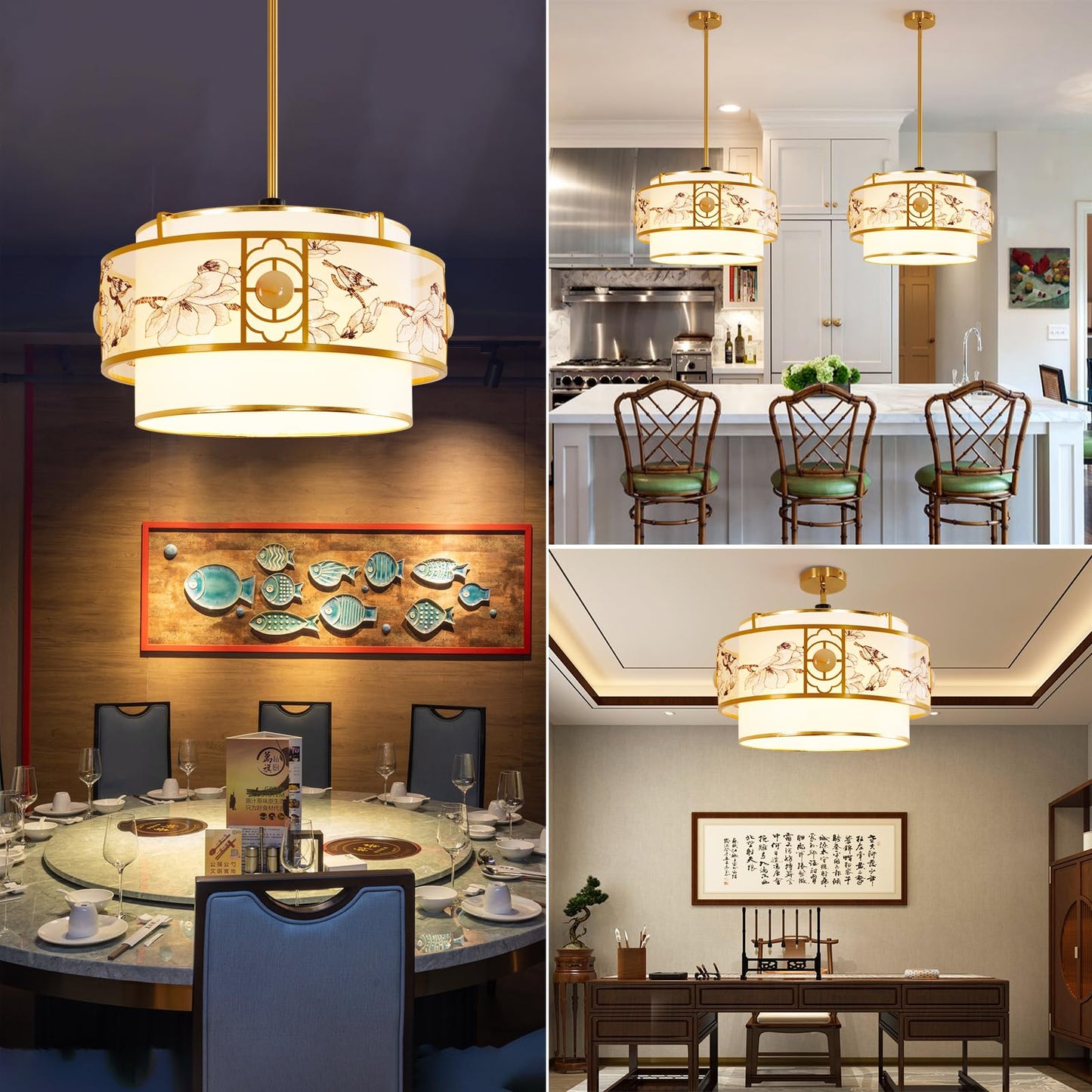 Modern Classic - Drum-Shaped Chandelier, 19.6-inch Round cage-Style lamp, with White and Gold finishes.