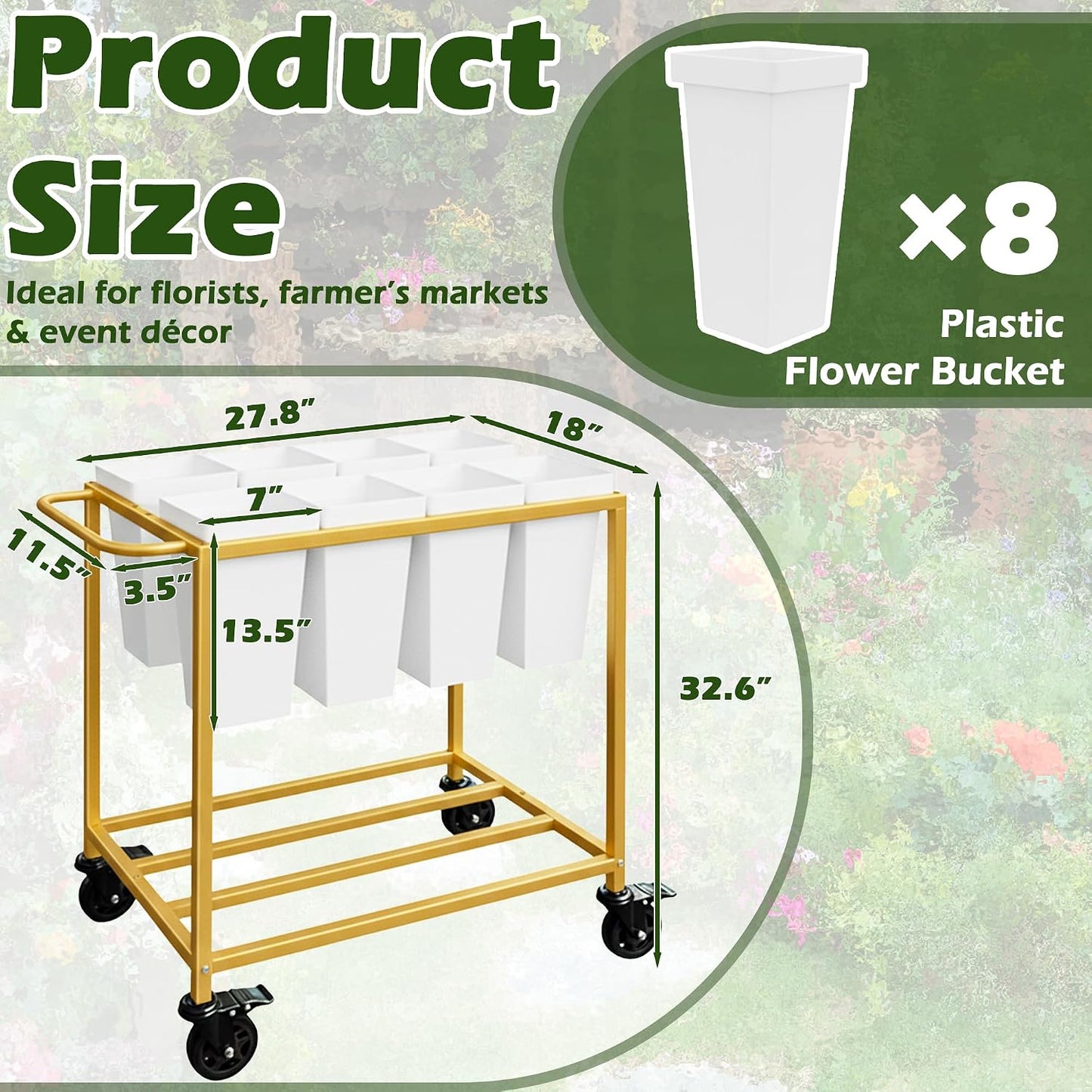 Flower Display Stand, Flower Cart with 8 Buckets,Flower Cart Display Stand with Wheels,Bloom Bar,Flowers Stand for Wedding ,Party and Home Decor, Gold