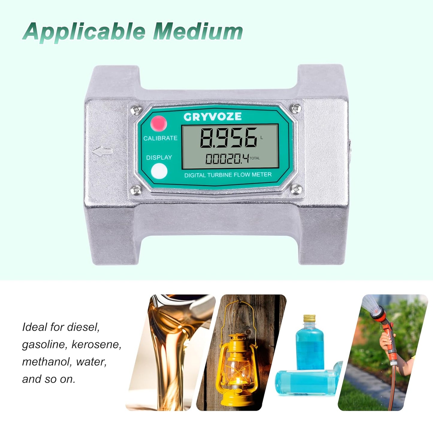 3 Inch Digital Flow Meter, 21-264 GPM Inline NPT Thread Fuel Turbine Flowmeter with LCD Display for Water, Diesel, Gas Oil, Gasoline, and Other