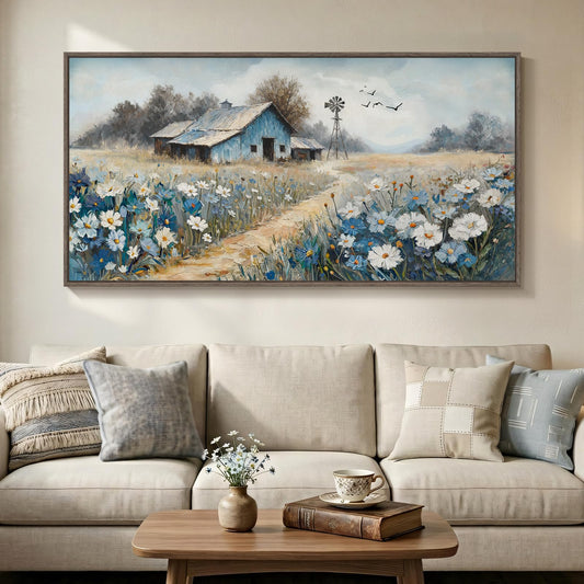 Large Framed Farmhouse Canvas Wall Art for Living Room, Vintage Rustic Barn Horizontal Canvas Prints, Country Blue Floral Wall Decor for Bedroom Hallway 30x60 Inch 60"L x 30"W Blue