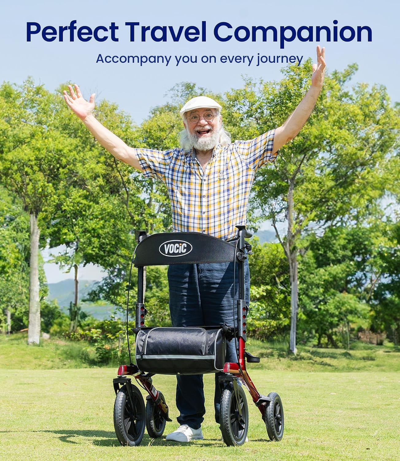 VOCIC Walker with Seat for Seniors, Z57 Outdoor Rollator Walker with 12" All Terrain Big Wheels