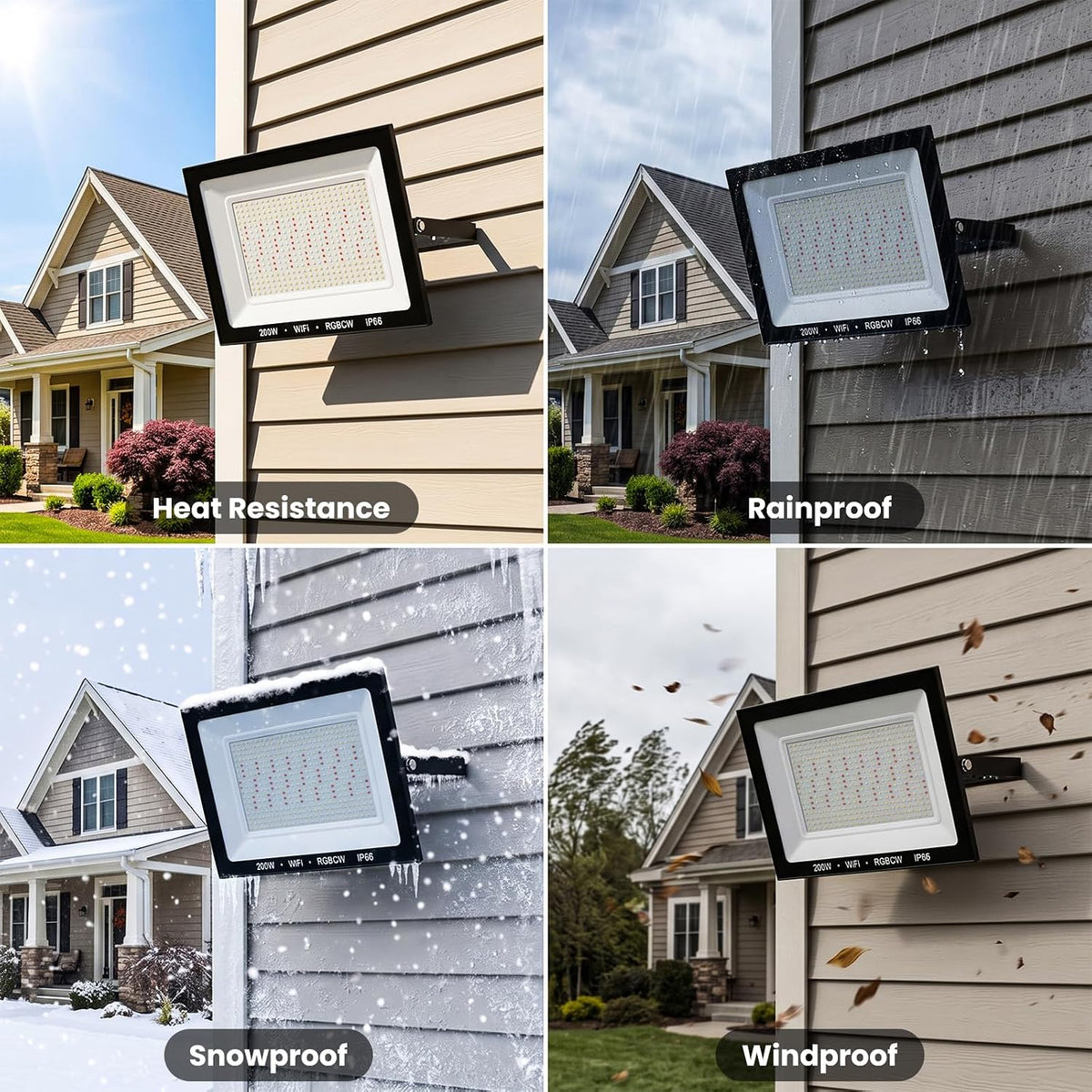 RGB LED Flood Light Outdoor 2000W Equivalent, 200W RGBCW Smart Floodlights with APP & Remote Control, 16 Million Color Changing, Timing, DIY Scenes, IP66 Waterproof Landscape Light (2 Pack)