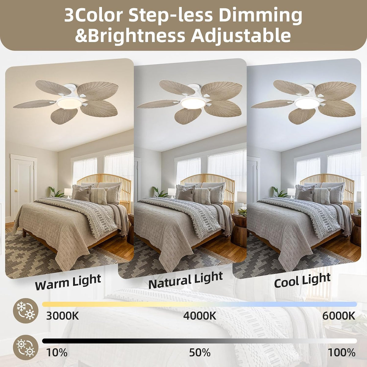52 Inch Boho Palm Leaf Flush Mount Ceiling Fan with Light and Remote White Motor, Natural Wood Finish Blades, Quiet DC Motor, Dimmable LED, Low Profile Hugger for Bedroom & Patio