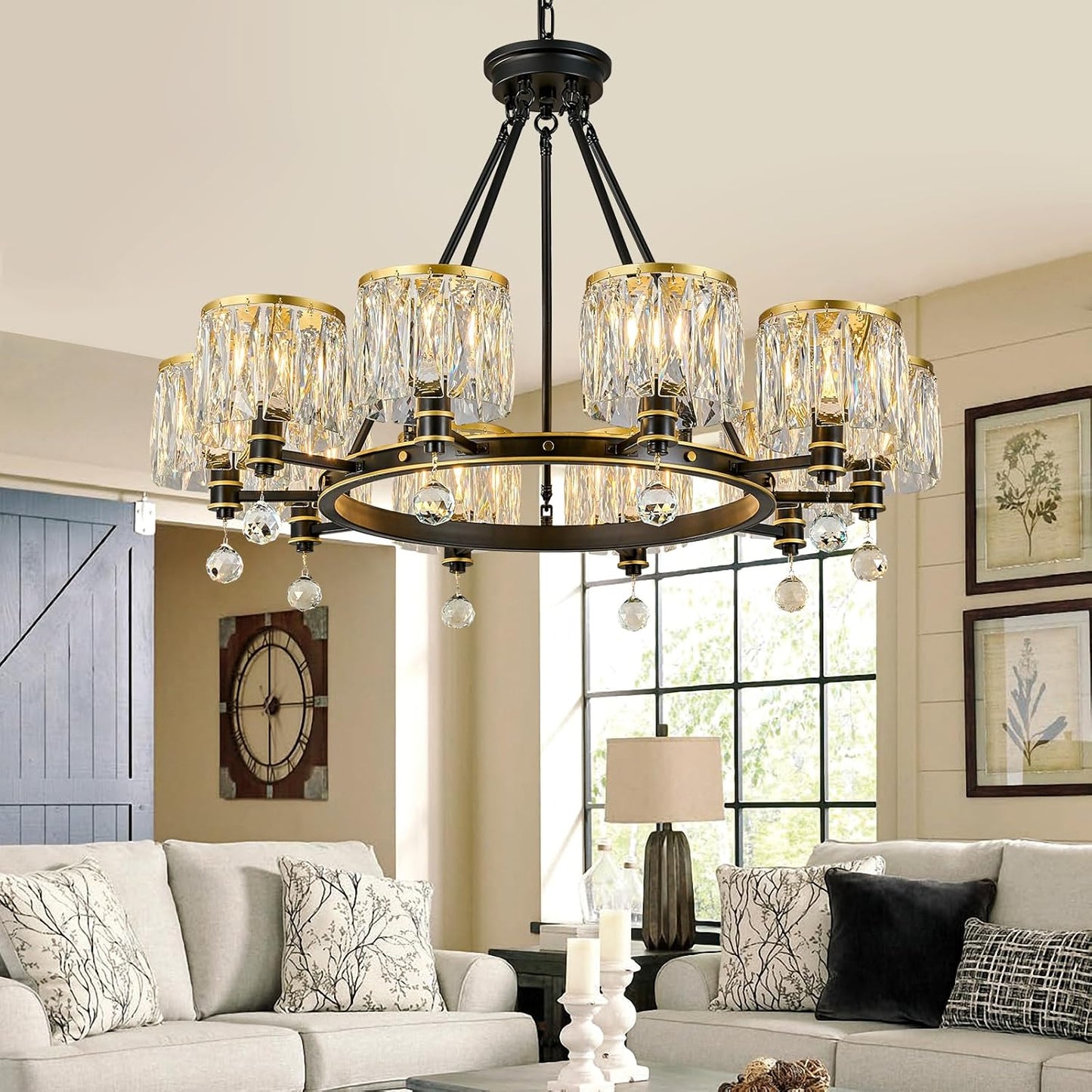 LBSQJ Dining Room Light Fixture Semi Flush Mount Ceiling Light Fixture Lndustrial Farmhouse Chandeliers Black Gold Crystal Chandelier Iron Pendant