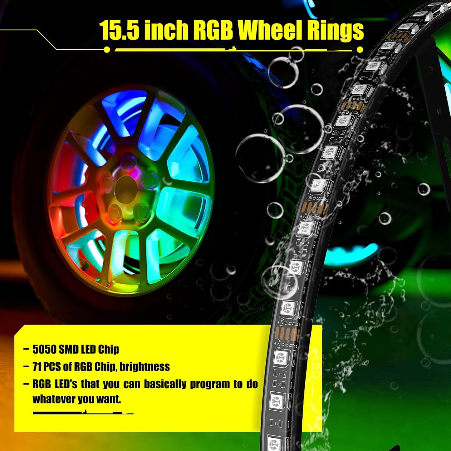 SUNPIE Wheel Lights for Truck, 15.5 inch RGB Wheel Well Lights for All Vehicle with 18 or 19inch Tire, Rim Lights Ring Sync to Music Color Changing