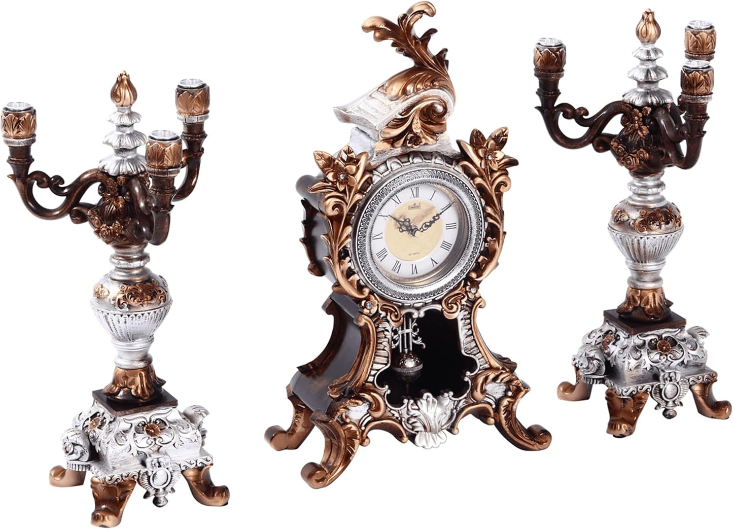 18.5H Rococo Style Pendulum Clock Mantel Clock with 2 Candelabra Candle Holders Baroque Resin Desk Clock Anniversay Clock for Living Room Bedroom