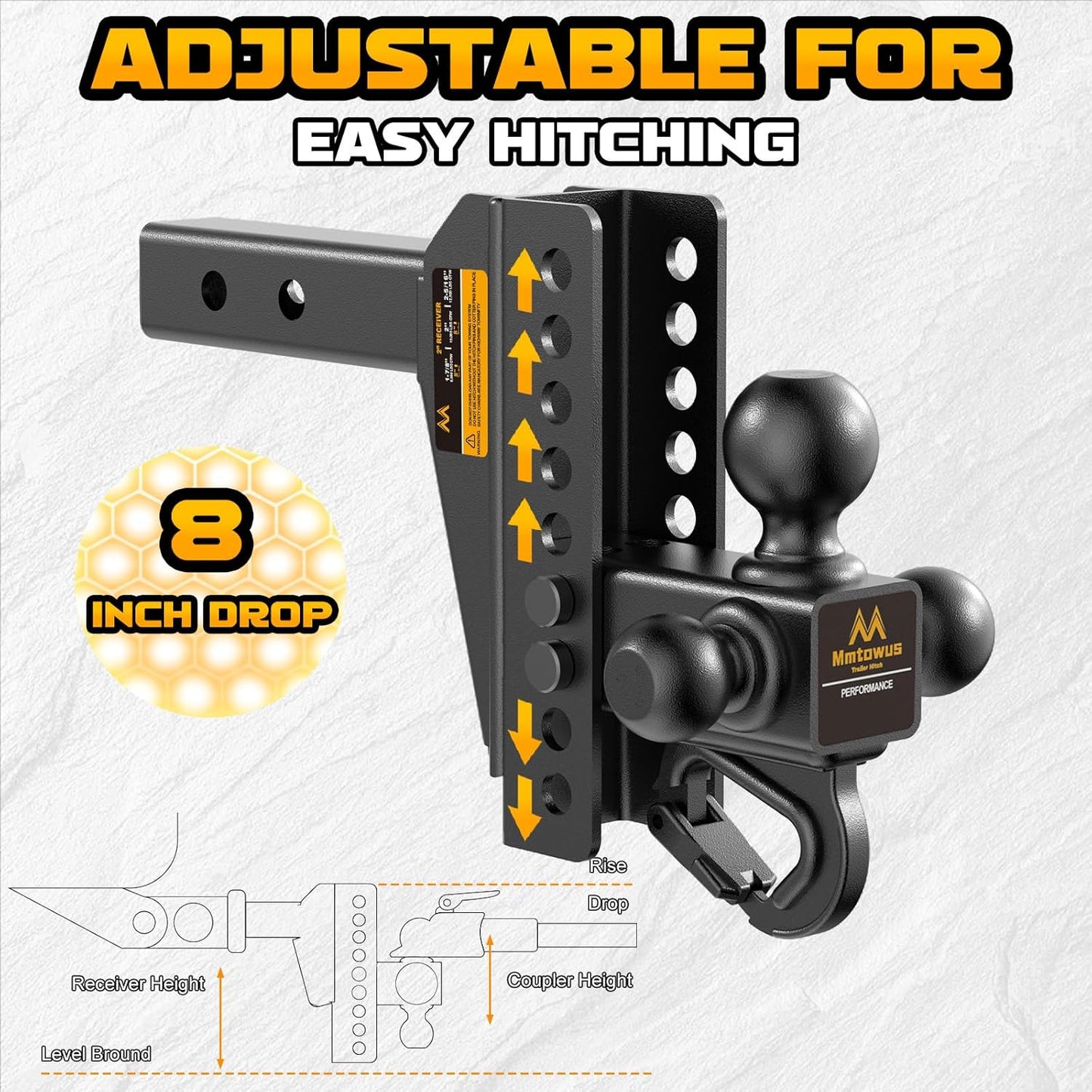 Adjustable Trailer Hitch - Drop Hitch Fit 2" Receiver -8" Drop/Rise | Tri Ball Mount with Hook (1-7/8'', 2'' & 2-5/16''), 12,500 LBS GTW Tow Hitch, 3 Ball Hitches for Trucks, RVs, Camper, SUV etc