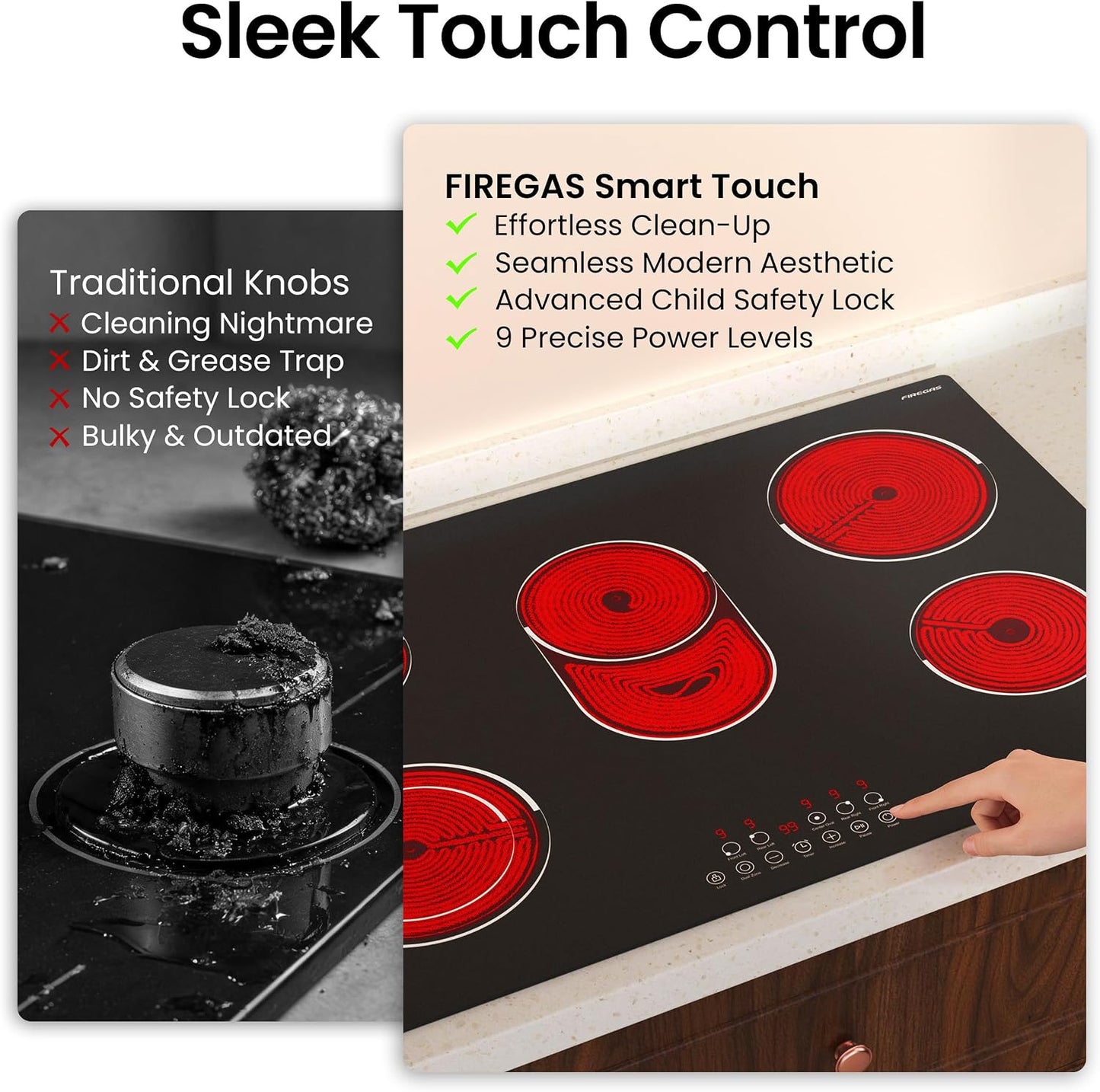 FIREGAS 30 Inch Electric Cooktop 5 Burners, Built-in Ceramic Stove Top with Matte Glass & Touch Control, 30" Radiant Electric Cooktop with Dual Ring & Oval Zone, Timer, Child Lock, 220-240V Hardwired