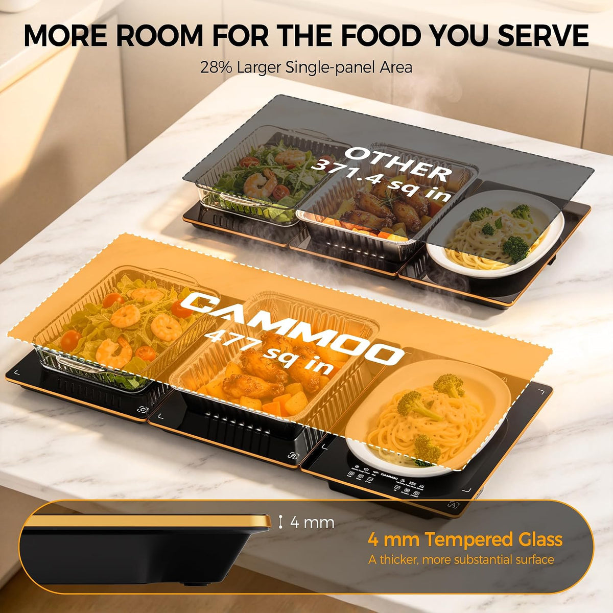 CAMMOO Electric Warming Tray, 31.8''x15'' 3-in-1, Tempered Glass Warming Mat for Food 31.8"L*15"W 3