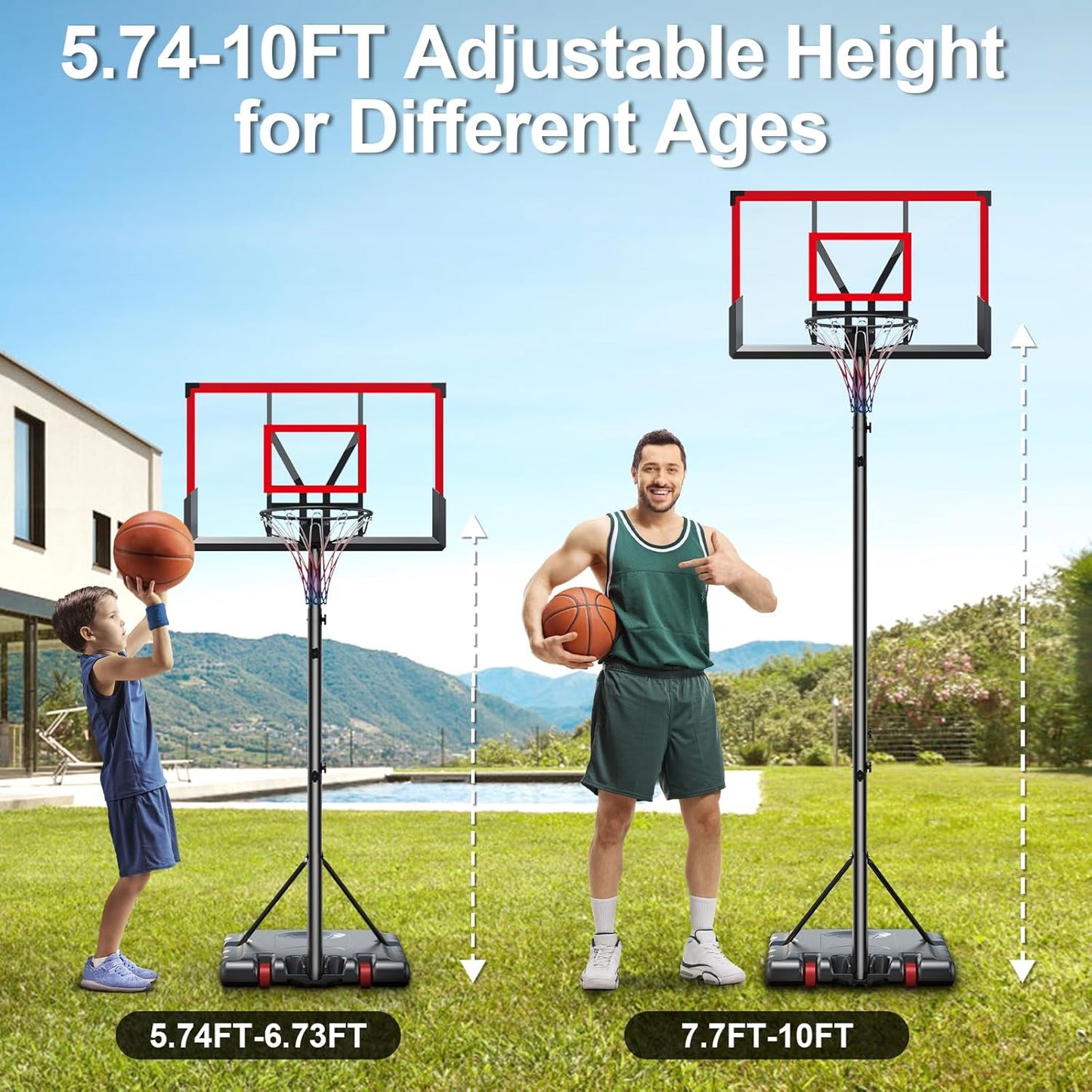 Basketball Hoop Outdoor, 10FT Adjustable Height, Portable Basketball Hoops Goal Court System w/ 45in Shatterproof Backboard for Kids Youth Adults