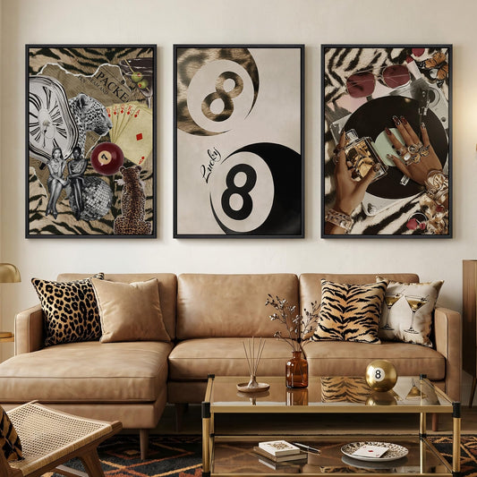 Framed Leopard Canvas Wall Art Set of 3, Large Trendy Cheetah Lucky 8 Ball Fashion Prints, Modern Girly Room Aesthetic Decor for Bedroom, Living Room, Apartment, Hallway or Dressing Room, 24x36 in 24" W x 36" H x 3Pcs Leopard