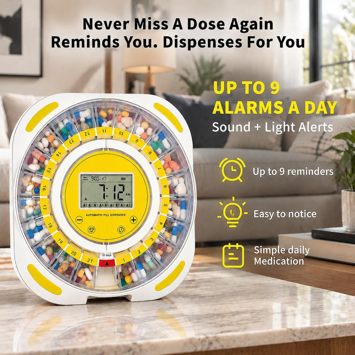 21-Day Automatic Pill Dispenser with Individual Pods & 9 Alarms for Seniors, Purple Lid