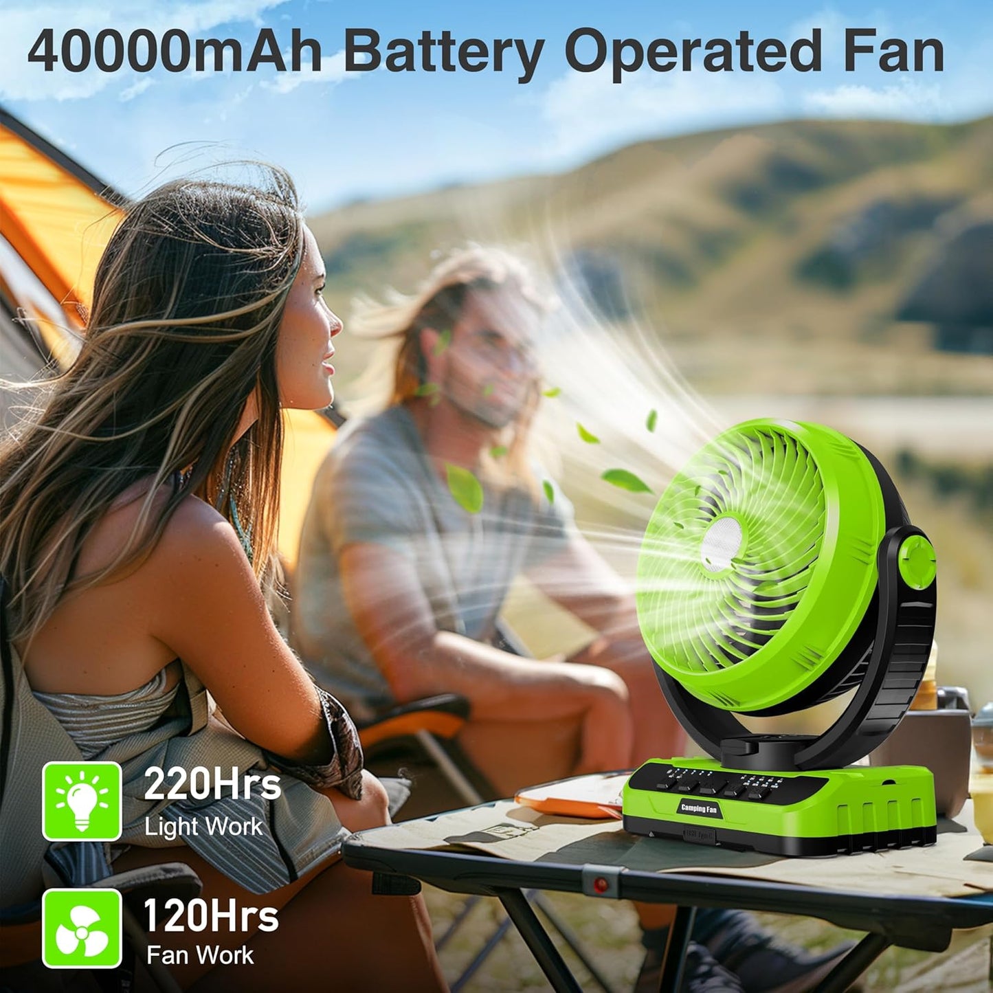 Camping Fan with LED Lantern, 40000mAh Rechargeable Battery Operated Outdoor Tent Fan with Light & Hanging Hook, 5 Speeds, Personal USB Desk Fan for