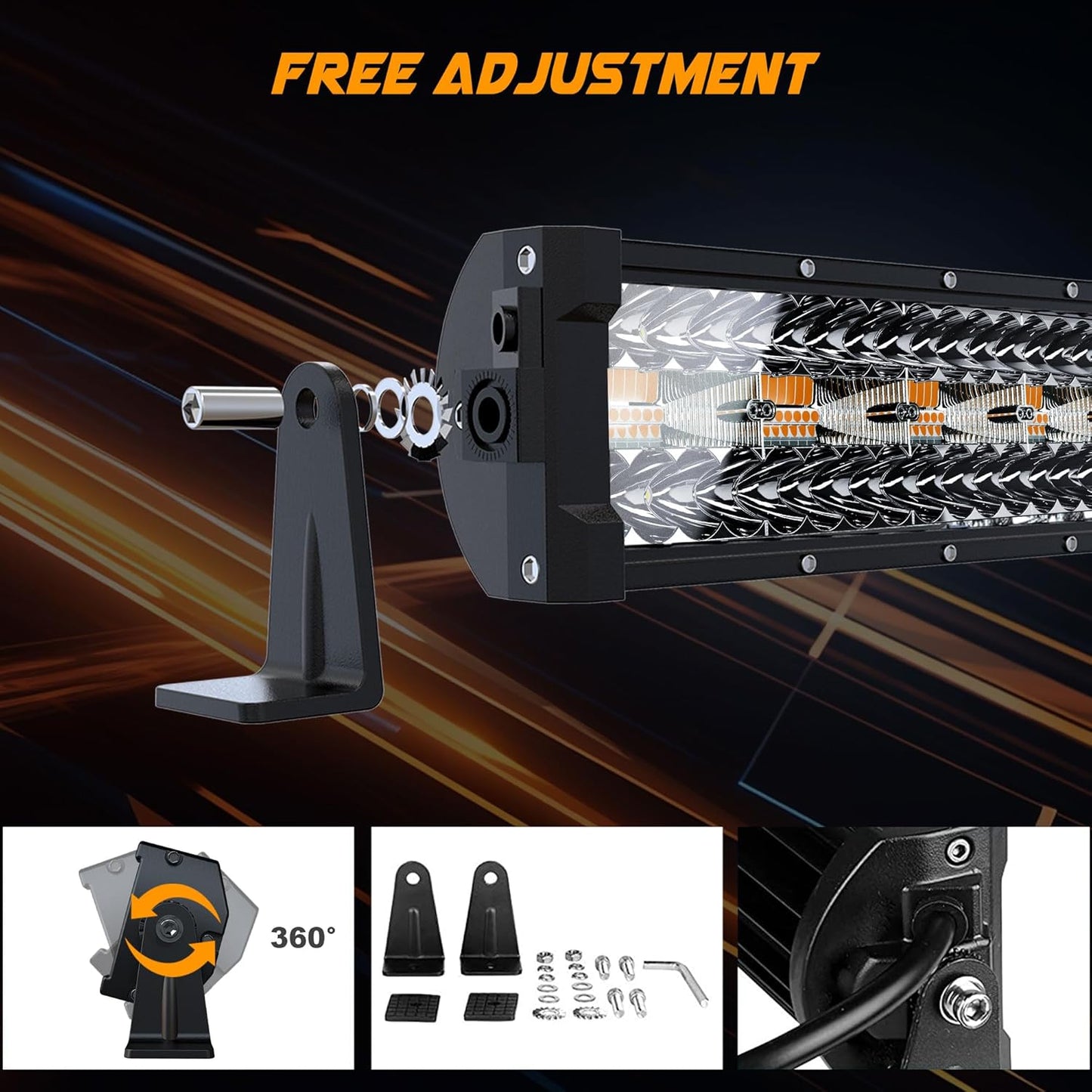 ASLONG 52 Inch 300W LED Light Bar White/Amber Flasing Strobe with Six Modes Spot Flood Offroad Driving Light with Upper Windshield Mounting Brackets