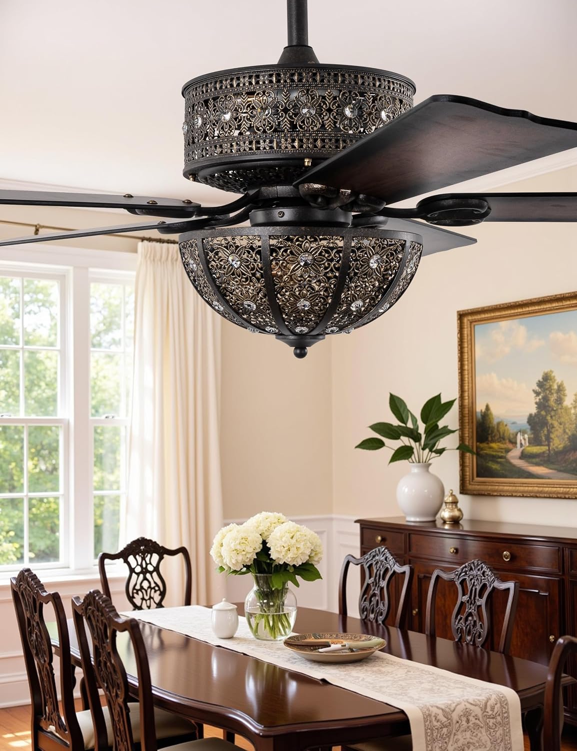 52 Inch Vintage Chandelier Ceiling Fan with Light, Antique Bronze Fandelier
