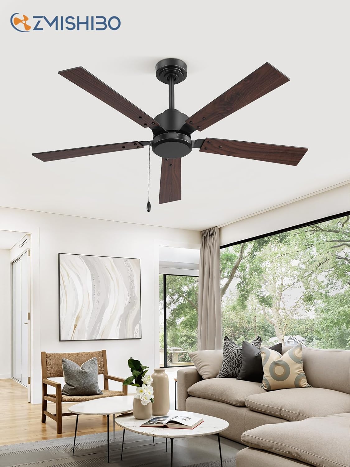 ZMISHIBO 52 Inch Ceiling Fan No Light with Pull Chain, Modern Ceiling Fan without Lights, 6-Speeds, Quiet DC Motor, Remote Control, Black Ceiling Fan for Bedroom, Living Room, Indoor/Outdoor Use Black 52 Inch