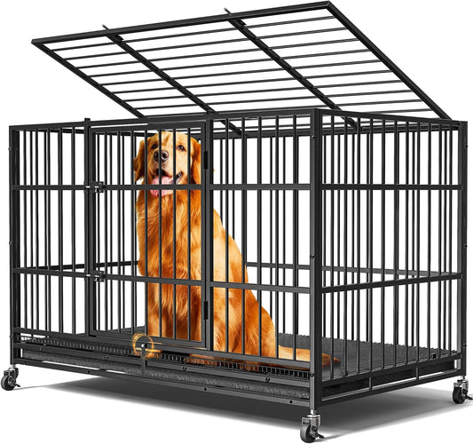 48' Heavy Duty Dog Crate for Large Dogs, Escape Proof, 4 Lockable Wheels, Removable Door