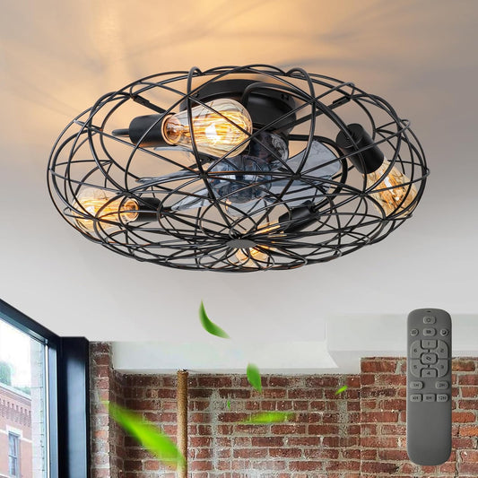 Farmhouse Caged Ceiling Fan with Lights - 20.8 Industrial LED Fans Light Dimmable - Rustic Small Black Flush Mount Fan Lighting Indoor Reversible