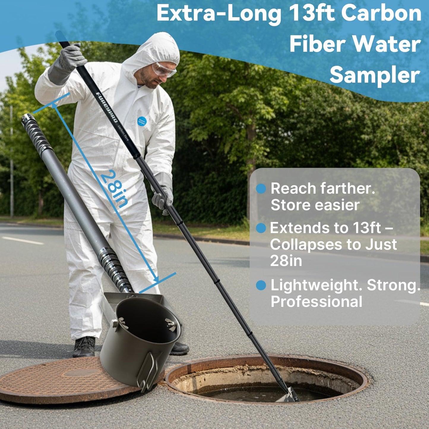 Telescopic Water Sampler, 13ft Carbon Fiber Pole, 28in Collapsed, 17oz Titanium-Coated Stainless Steel Cup, M8 Thread Modular Design for Environmental & Industrial Liquid Testing