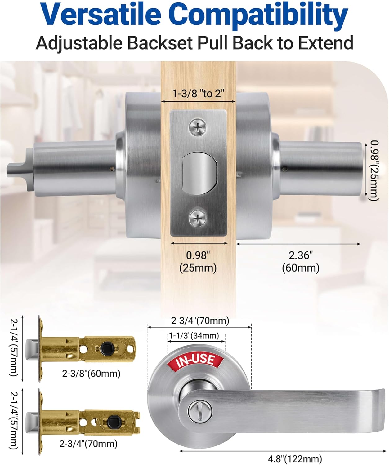Bathroom Privacy Lever Door Lock (2 Pack), Vacant Occupied Bathroom Lock with Large In-Use or Vacant Indicator, Bathroom Door Knob, ANSI Grade2 Commercial Grade, Occupied Sign for Bathroom Door