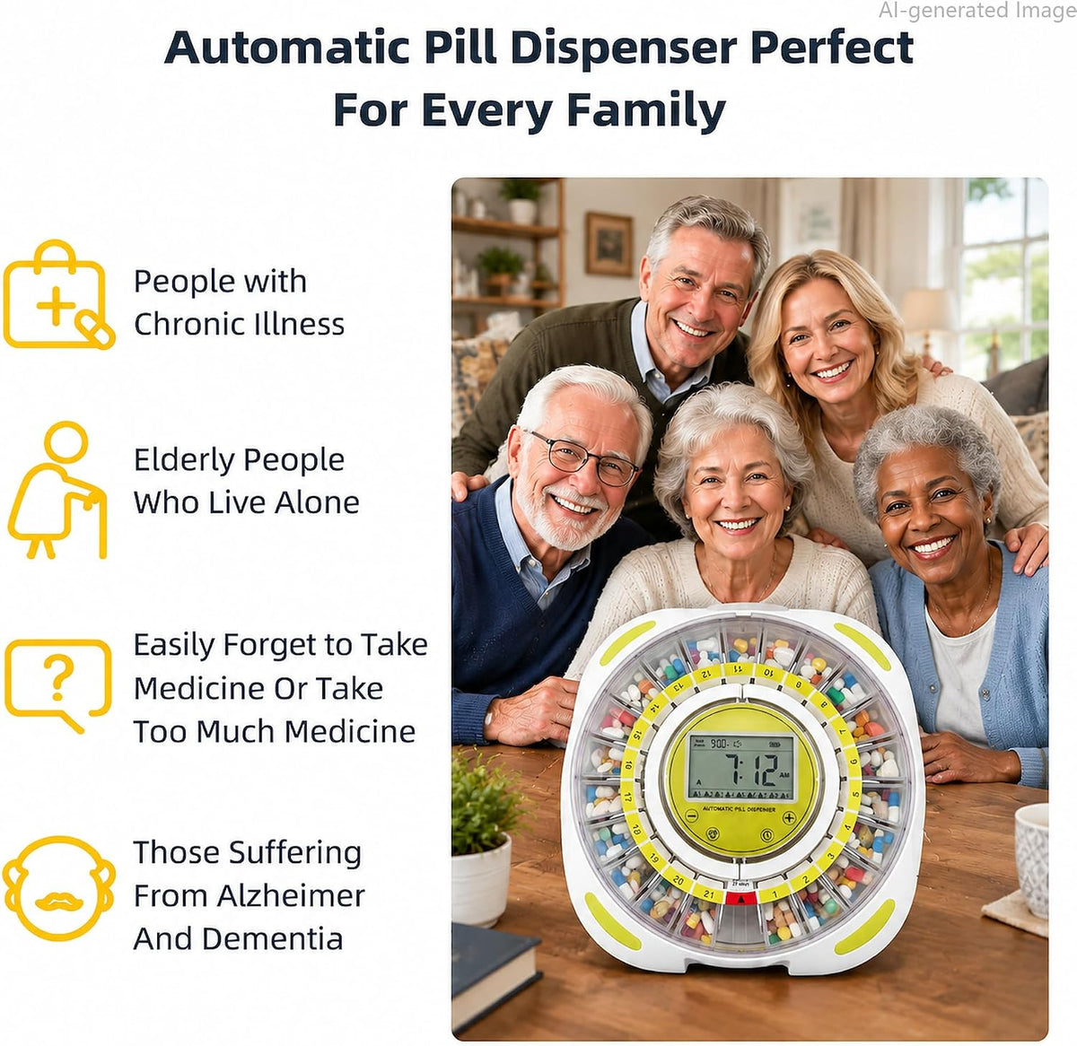 21-Day Automatic Pill Dispenser with Individual Pods & 9 Alarms for Seniors, Purple Lid