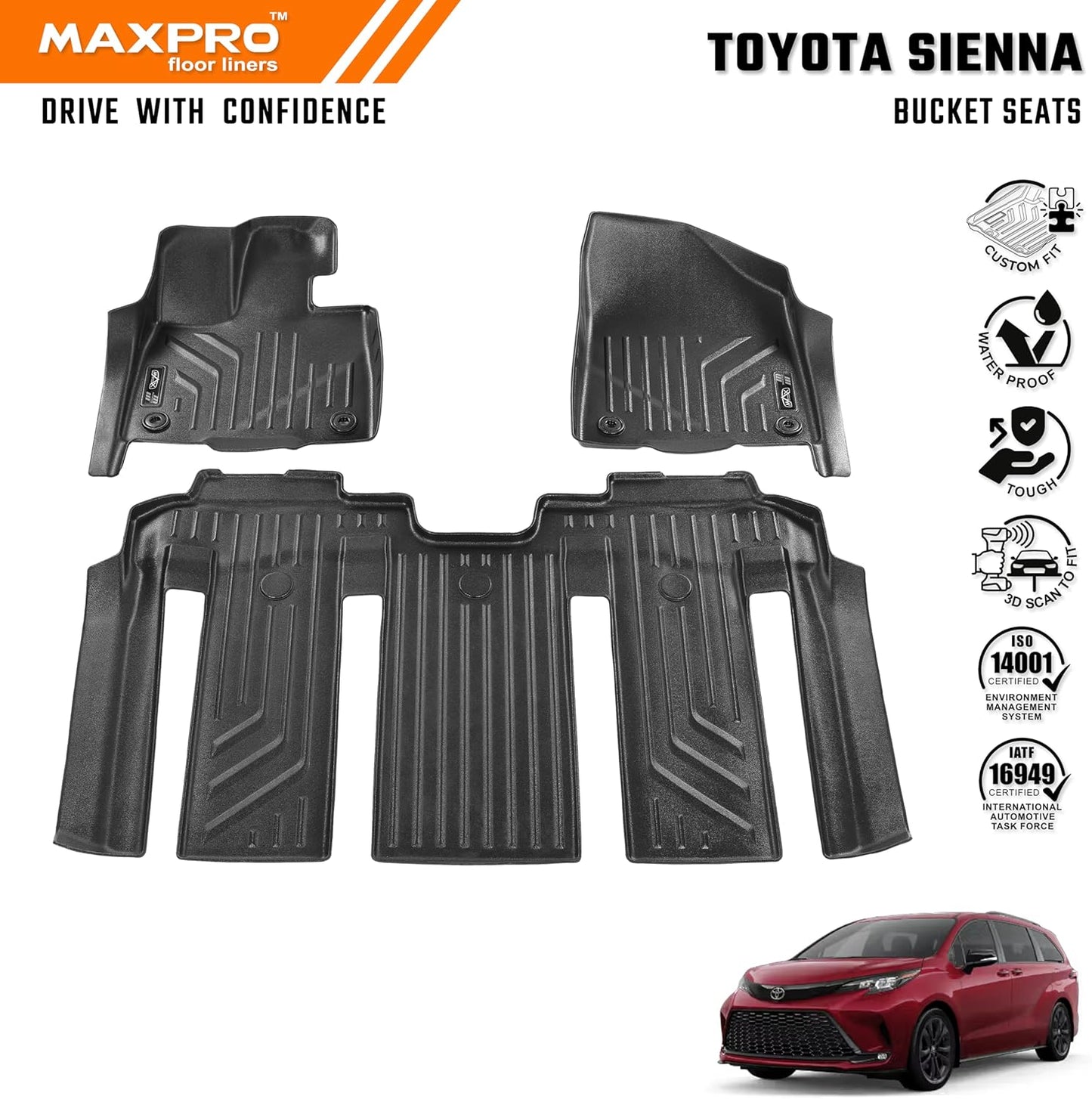 Premium MAXPRO Floor Mats for Toyota Sienna 2021-2026 Bucket Seat 7-Passenger 1st & 2nd Row Car Mats Full Set All Weather Floor Mats Custom Fit TPE Car Floor Liners Waterproof (Doesn't Fit Platinum) Sienna 2021-2026 1st & 2nd Row