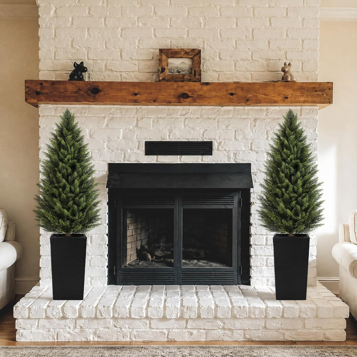 4FT Artificial Cedar Topiary Trees 2 Pack, Realistic Faux Cypress Trees with Square Black Planter Pot, UV Resistant Outdoor Evergreen Plants for Front Porch Patio Garden Landscape Decor Black Square Planter 4ft
