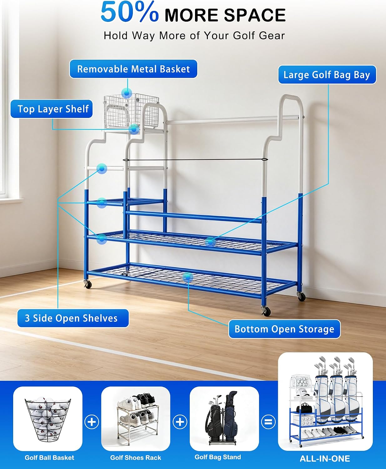 Golf Bag Storage Garage Organizer for 3 Bags, Golf Storage Rack with Wheels | 50% More Space Multi-Zone, All-In-One Compact 5-tier Upscale Sporty Heavy-Duty Rack, 4 360° Casters,Movable Basket,Golf Gifts 3 Golf Bag Rack丨50.4"(L)x15.8(W)"x44.6"(H)
