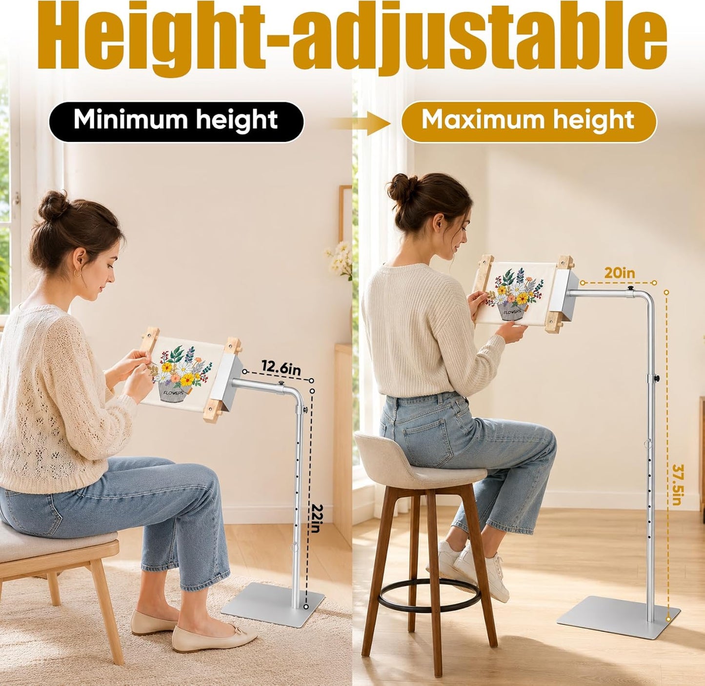 Heavy Duty Needlepoint Floor Stand with Side Clamp – 360° Rotating & Height Adjustable Workstand for Lowery, Cross Stitch Embroidery Stand Fits Q-Snap Frames & Scroll Rods up to 32" Wide, Extra-Large Stable Base