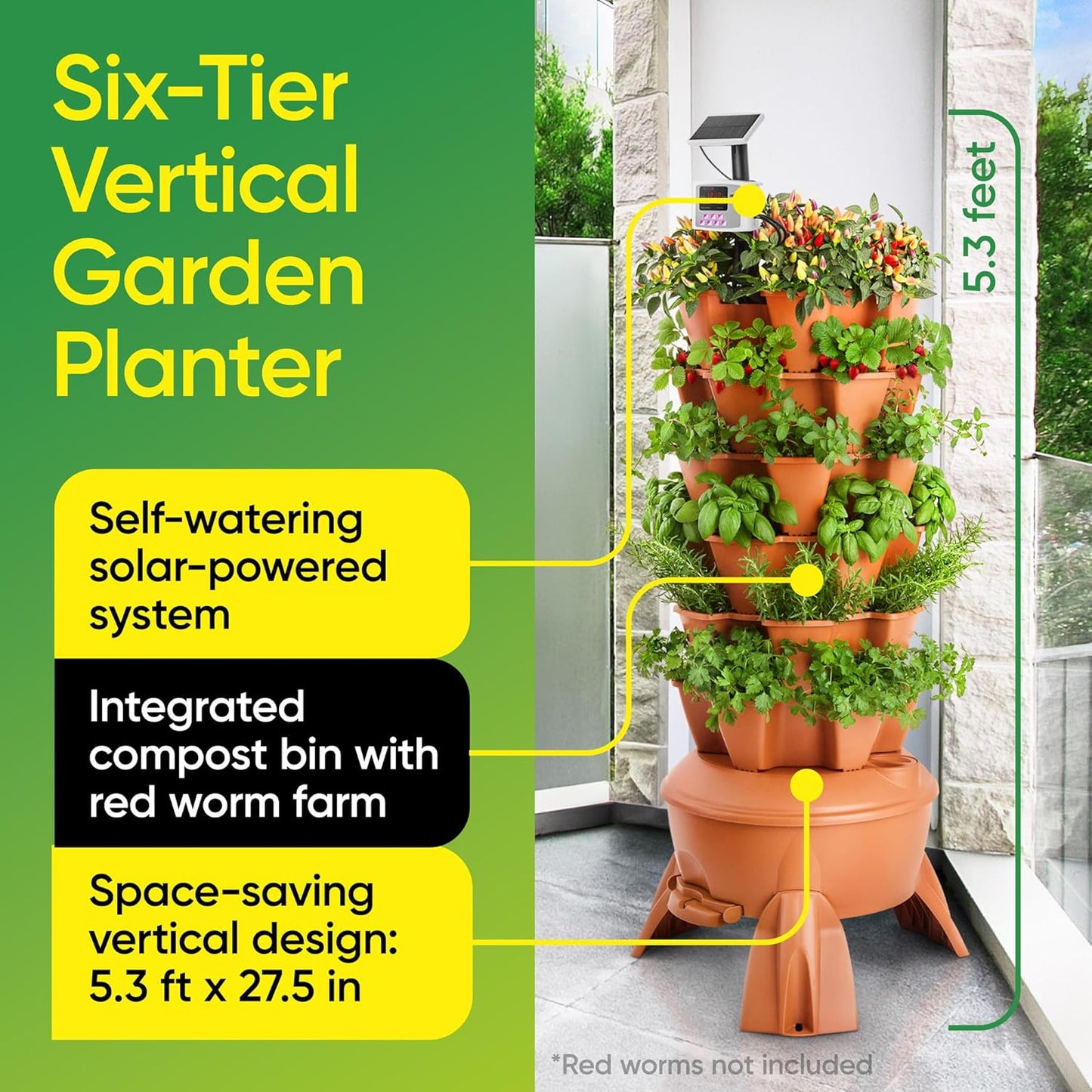 Vertical Garden Tower for Efficient Vertical Gardening  6-Tier  1.6 m x 70 cm  30 L Reservoir Self-Watering Solar-Powered System