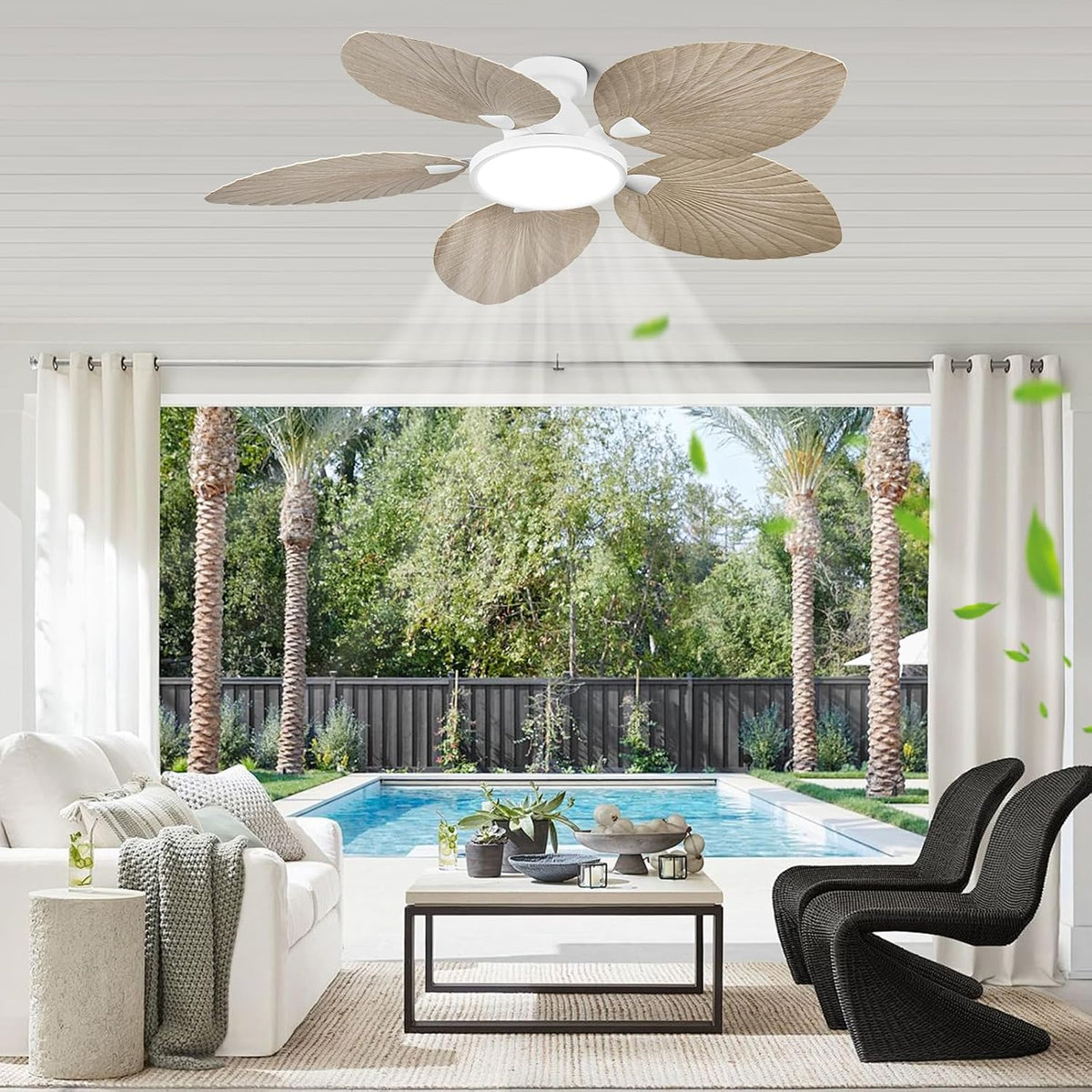 52 Inch Boho Palm Leaf Flush Mount Ceiling Fan with Light and Remote White Motor, Natural Wood Finish Blades, Quiet DC Motor, Dimmable LED, Low Profile Hugger for Bedroom & Patio