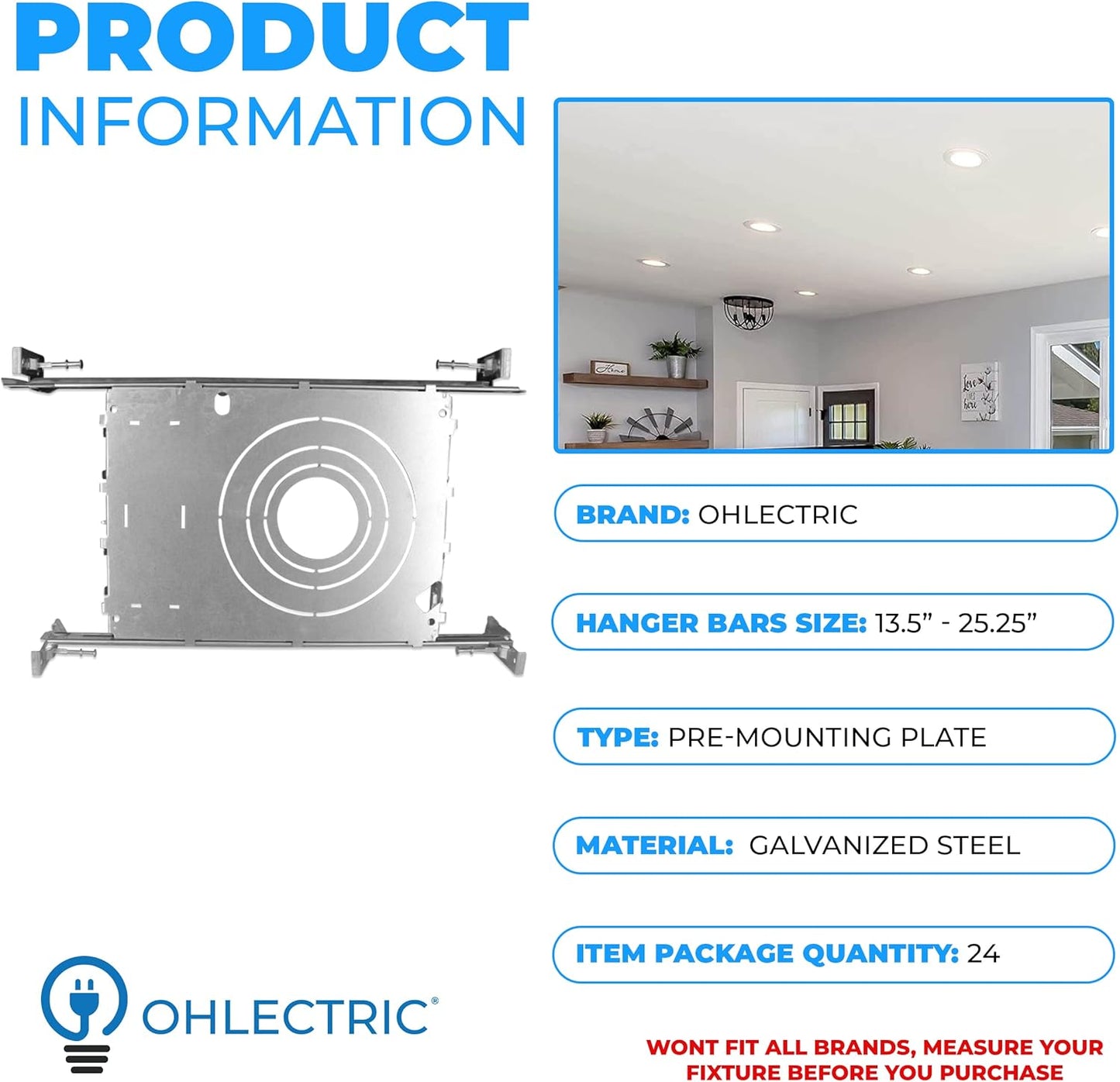 OHLECTRIC New Construction Mounting Plate| 2- 3- 3.5- 4 Inch LED Recessed Lighting Kits| Extendable Hanger Bars, ETL Listed |Perfect for Ceilings